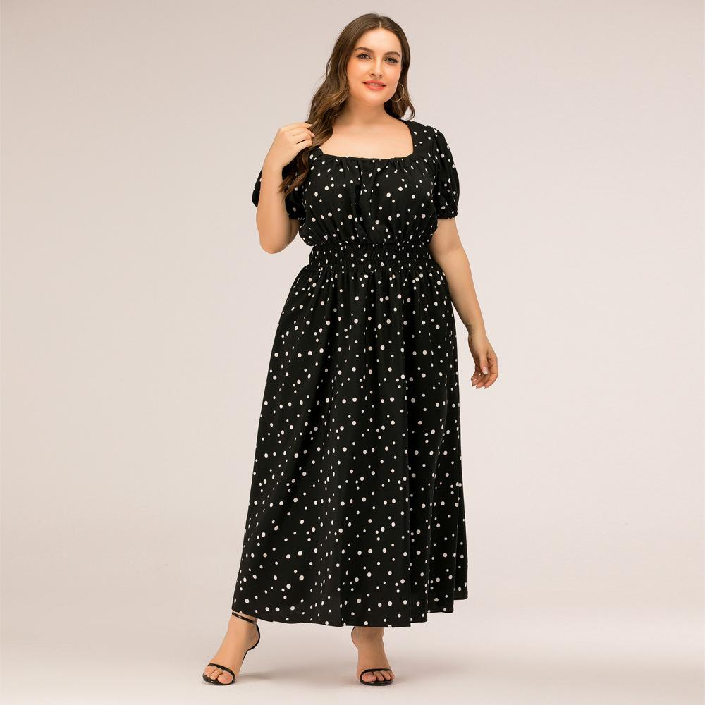 Women Summer Plus Size Square Collar Bubble Sleeves High Waist A Line Dot Print Long Dress XL-4XL