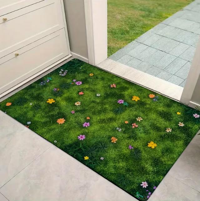 Fresh Grass Green Background Small Flowers Scattered and Blooming Printed Floor Mat Room Decoration Mat Home Decoration Rugs
