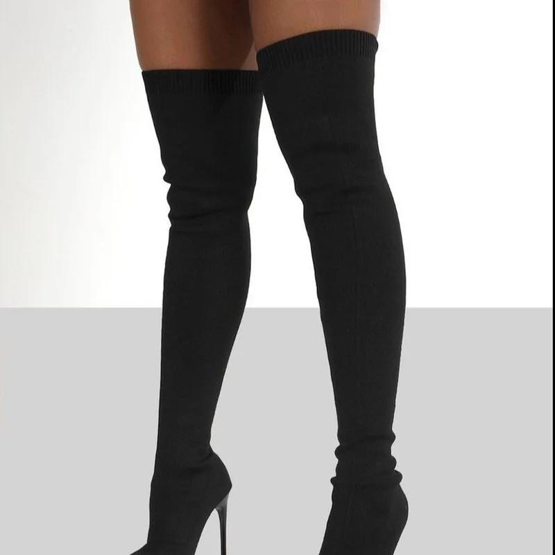 Mode 2025 Damen Socken Über Knie Damen Stiefel Stretchstoffe Hoher Absatz Slipper Spitzschuh Frau Lange Stiefel Größe 36-43