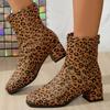 Fashion Retro Leopard Square Toe Ankle Boots for Women Spring Autumn Non-Slip Zipper Square Heel Women' Ankle Boots Solid Bootie Ladies