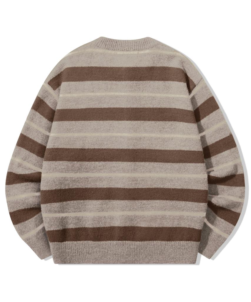 TRILLION Washable Hairy Striped Button Cardigan Knit_Beige
