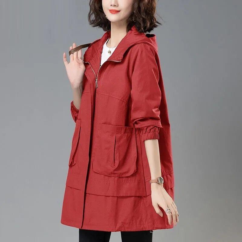Lining Windbreaker Women Mid-length Loose Korean Fashion 4xl Autum Spring Trench Coat Women Jacket Hooded