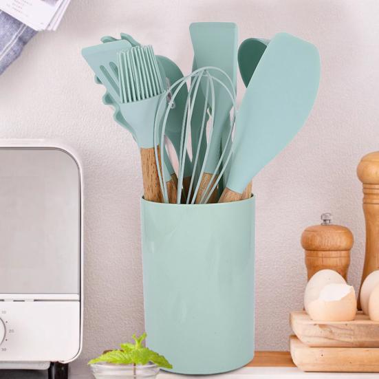 Silicone Kitchen Utensils Set with Wooden Handle Heat-Resistant Cooking Tools Non-Stick Safe Kitchenware Set for Home Restaurant