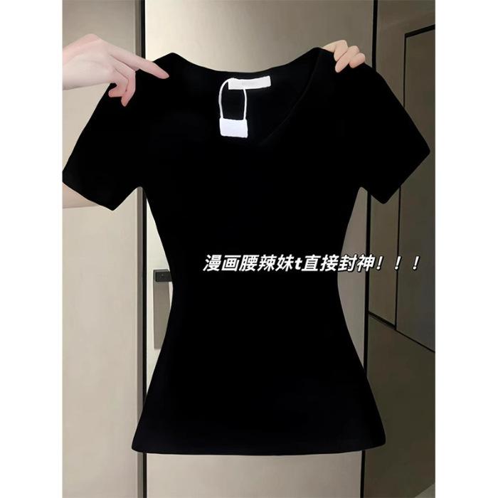Waist and Shoulder V-neck Short-sleeved Slim-fitting and Thin T-shirt, Summer New Pure Lust Spice Girl Sexy Niche Top