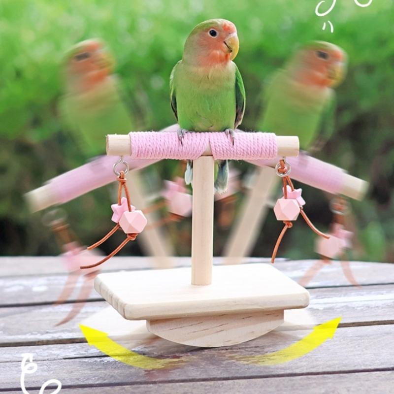 Natural Wood Bird Rocking Perch Stand Toy With Hanging Block For Exercise And Entertainment Parrots Indoor Enriching Toy