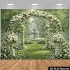2D Verzauberter Garten Kulisse, Weißer Rosenbogen & Mehrstufige Brunnen Foto Banner für Veranstaltungen