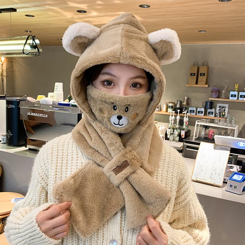 Plush Hat and Scarf All In One Women's Winter Bear Scarf Hat Winter Furry Cycling Windproof and Warm Ear Protection Hat