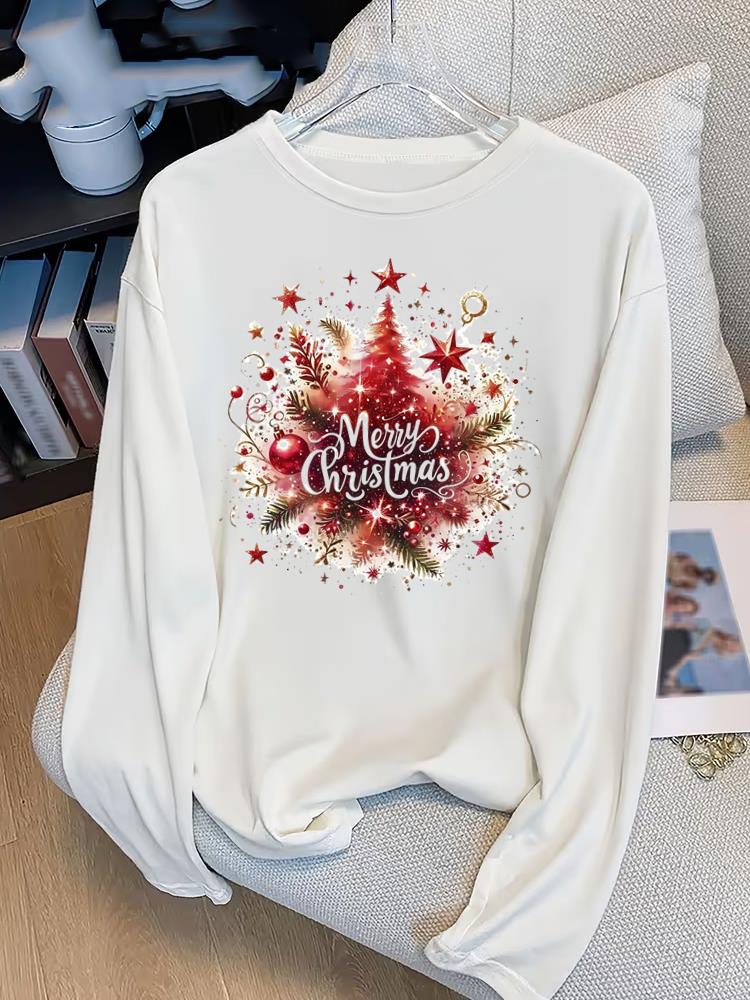 (Asian Size) Tree 90s Lovely Print T Shirt Christmas New Year Graphic Tee Women Autumn Winter Casual Fashion Top Clothing Long Sleeve T-shirts