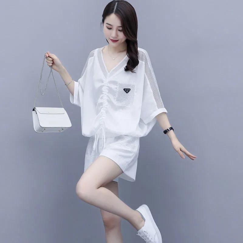 Women's Summer Plus Size Casual Set V-neck Short Sleeve Loose Sweatshirt + Shorts Two Piece Set
