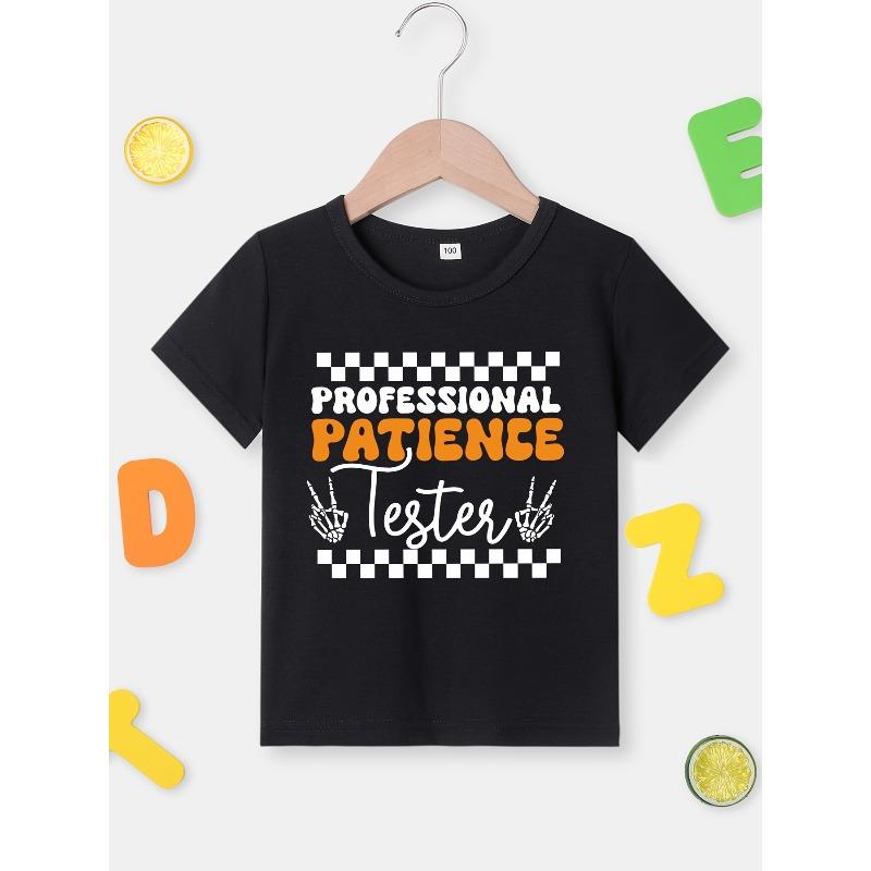 European sizes Boys' Professional Patience Lettering Short Sleeve T-Shirt - Summer Round Neck Casual Top with Applique Detail
