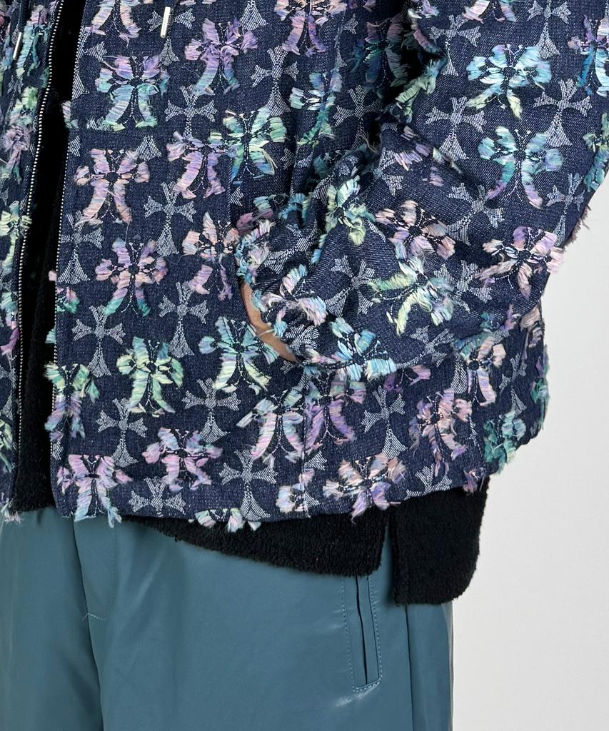 A Made Jacquard Embroidered Denim Oversized Zip-Up Hoodie (Indigo)