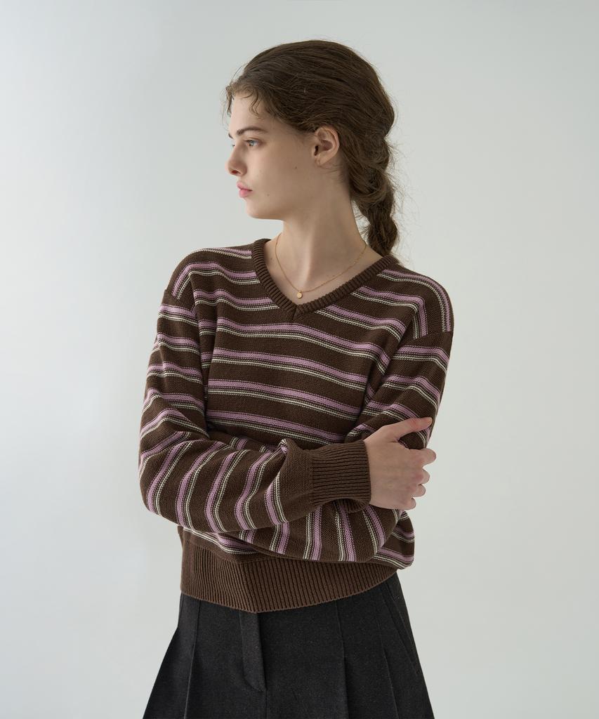 Deuloupisumeon Ripple Stripe Cotton V-Neck Knit [Brown]