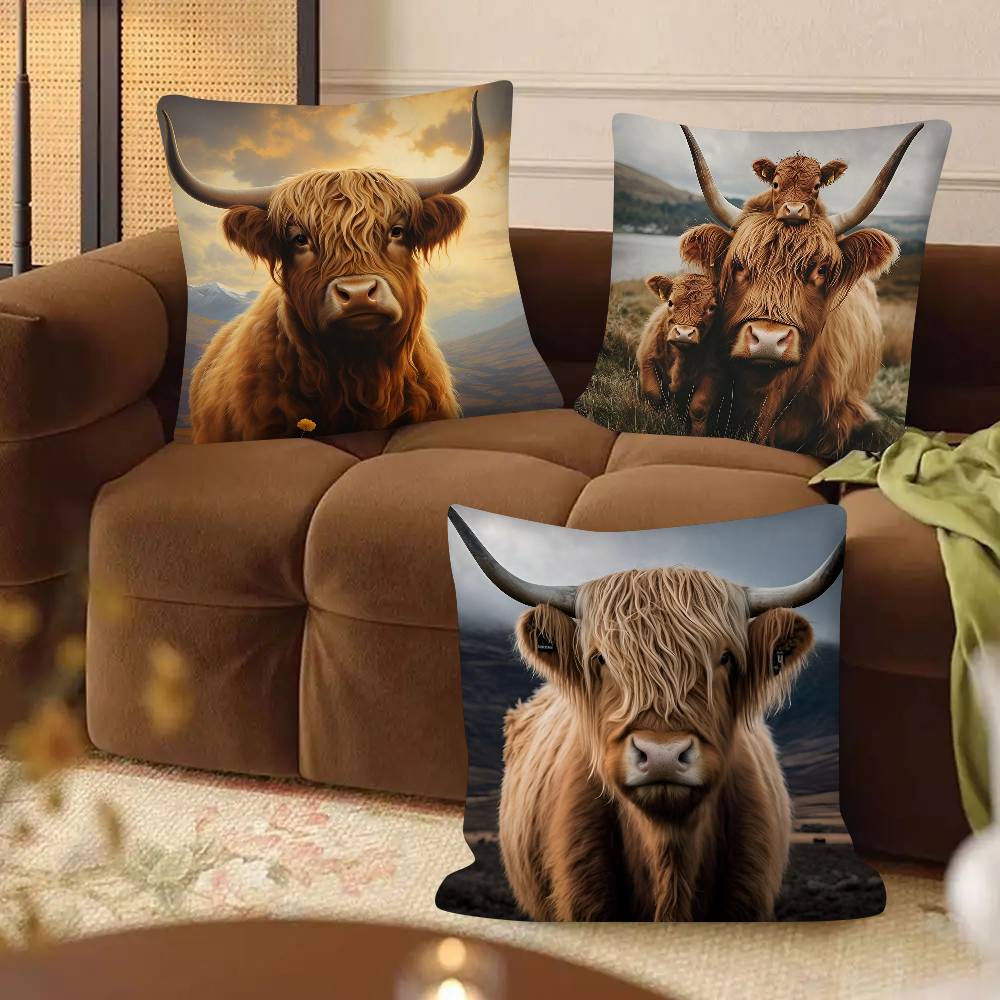 Housse de coussin Vache des Highlands Carrée Mode Housse de coussin Chambre Canapé Salon Décoration Ins Loisirs