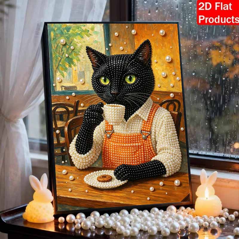Framed Pearl Painting Kit Black Cat Drinking Coffee 3D Shiny Bead Art Canvas for Bedroom Living Room Decoration Wall Art DIY Crafts 144