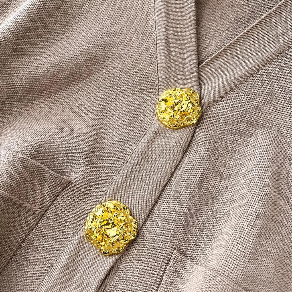 Autumn Winter Golden Buttons V Neck Pocket Cardigan Knitted Sweaters + Wide Leg Pants Tracksuits Long Two Piece Set