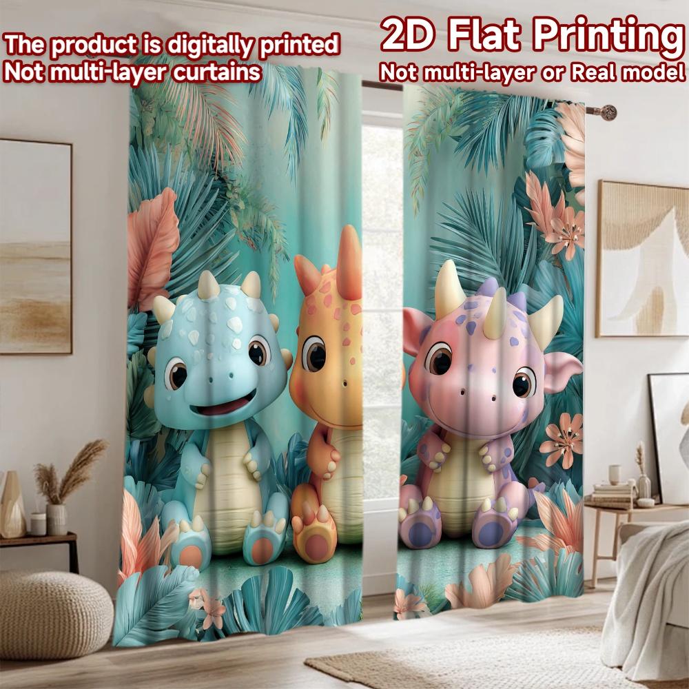 2D Flat Printing 2pcs Window Curtains Cute Dinosaurs Jungle Friends Digital Printed Polyester Drapes Holiday Decorations Use for