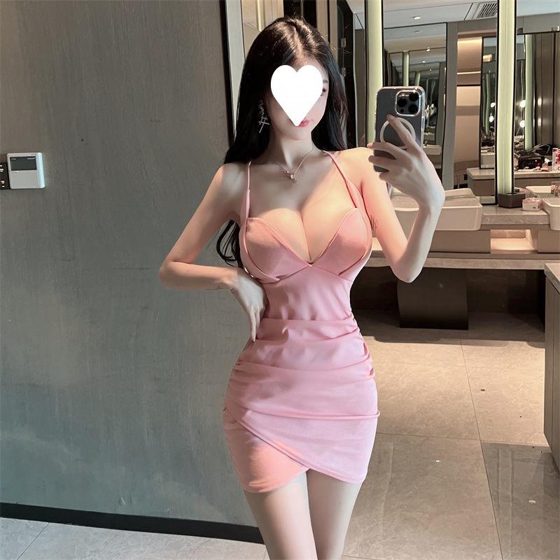 HotGirl's Nightclub Party Sexy Pure Lust Style Low-neck Pleated Waist Suspender Slim Fit Hip-hugging Dress Women