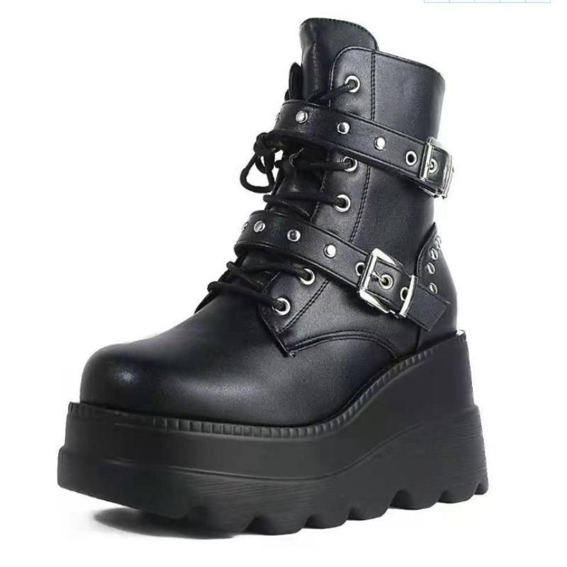Fashion New Women Leather Ankle Boots Motorcycle Comfortable Platform Gothic Shoes Woman Autumn Winter Round Toe Lace Up Boots Woman