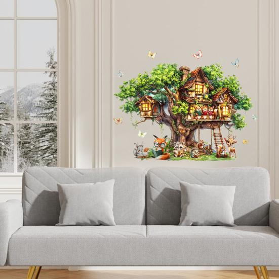 Tree House Animal Wall Sticker Self-adhesive Waterproof PVC Spring Forest Treehouse Sticker Home Office Living Room Bedroom Wall Decoration Decal