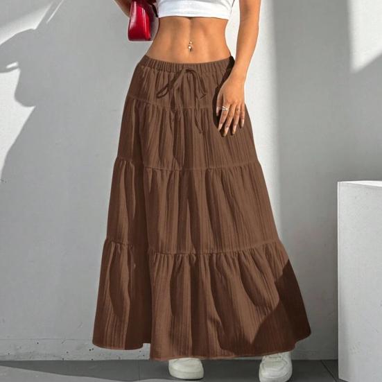 Women Long Skirt Spring Summer Middle Waist A Line Flowy Swing Skirt Breathable Solid Color Elastic Waist Drawstring Pleated Casual
