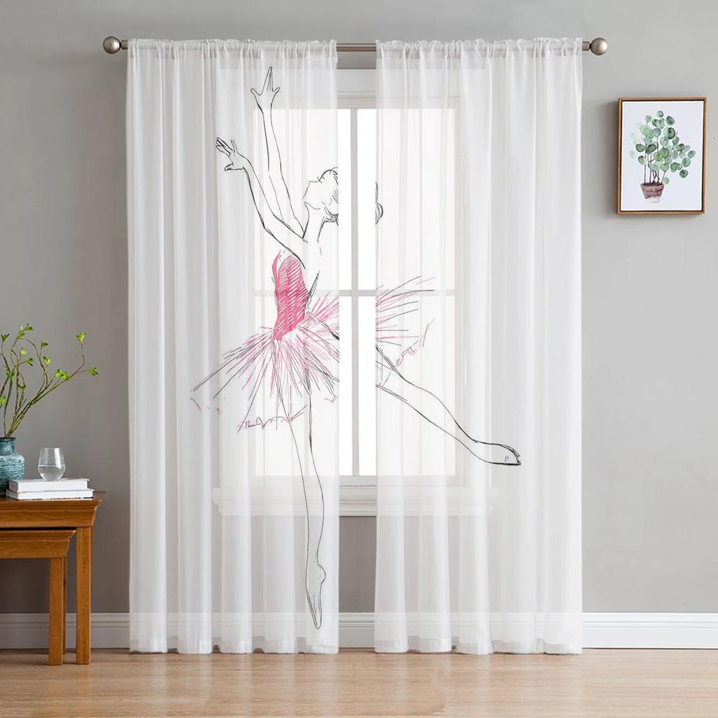 Ballet Dancer Girl Pink Flower Sheer Curtains Window Curtains for Living Room Bedroom Blinds Kids Room Home Decor
