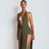 2026 Summer European & American Style Halter Backless V-neck Slit Hip-hugging Dress