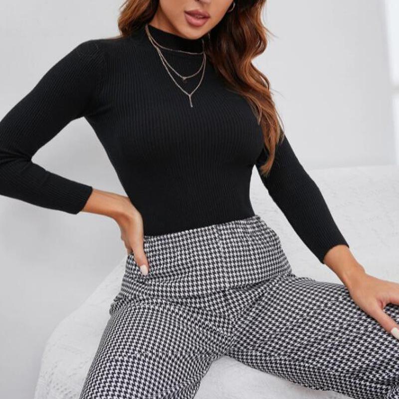 Womens Knitwear Long Sleeve Solid Ribbed Knit Sweater Bottoming Blouse Jumpers Casual Slim Pullover Top