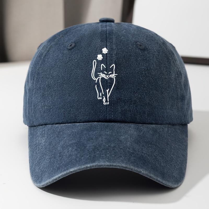 Niedliche Baseballkappe mit Katzenaufdruck, Retro-gewaschene Denim-Kappe mit gebogenem Schirm, verstellbare Outdoor-Reisekappe