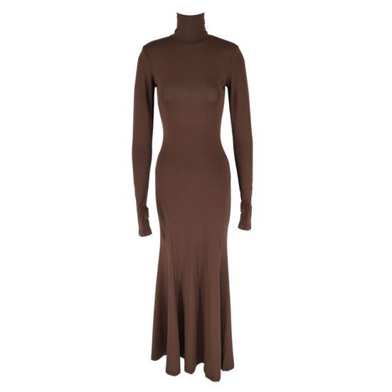 Women Evening Dress Long Sleeves Skinny Solid Color Sheath Hollow Back Floor Length Stretchy Half-high Collar Prom Party Maxi Dress