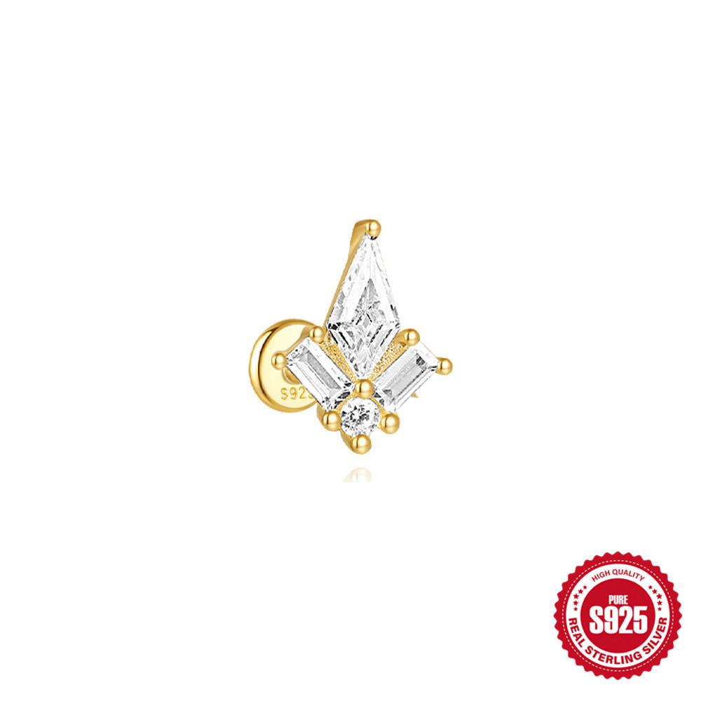 Stylish And Simple Ins Wind S925 Sterling Silver Kite Stone With Diamonds Flat Head Internal Thread Puncture Earbone Stud Female