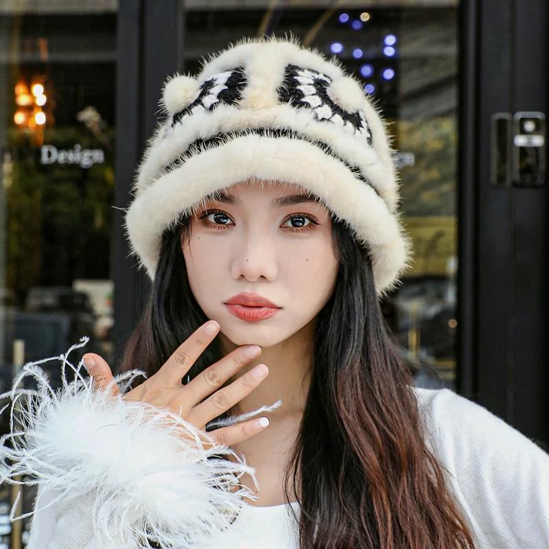 Winter Mink Hair Lion Hat Female Cute Fashion Plush Knitted Hat Tiger Head Fur Hat Bucket Hat