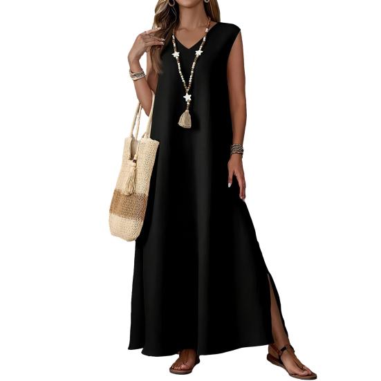 Women's Sleeveless Maxi Dress V-Neck Side Slit Long Dress Summer Casual Swing Dress Boho Beach Vacation Sundress