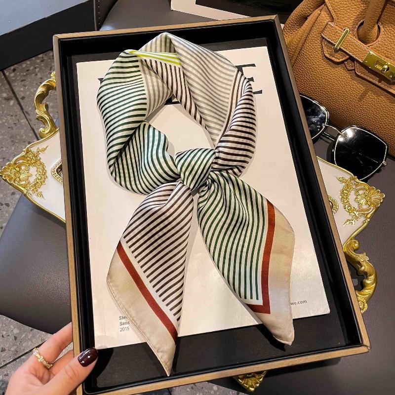 New Striped Silk Scarf Simulation Silk Small Square Scarf Simple Fashion Professional Scarf Silk Scarf Square Scarf High-end Matching