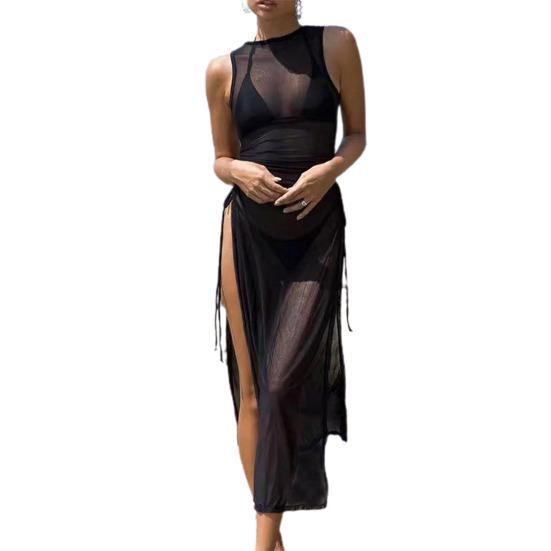 O-neck Side High Split Shirring Cover Up Dress Women Mesh Transparent Sleeveless Sunscreen Dress for Vacation