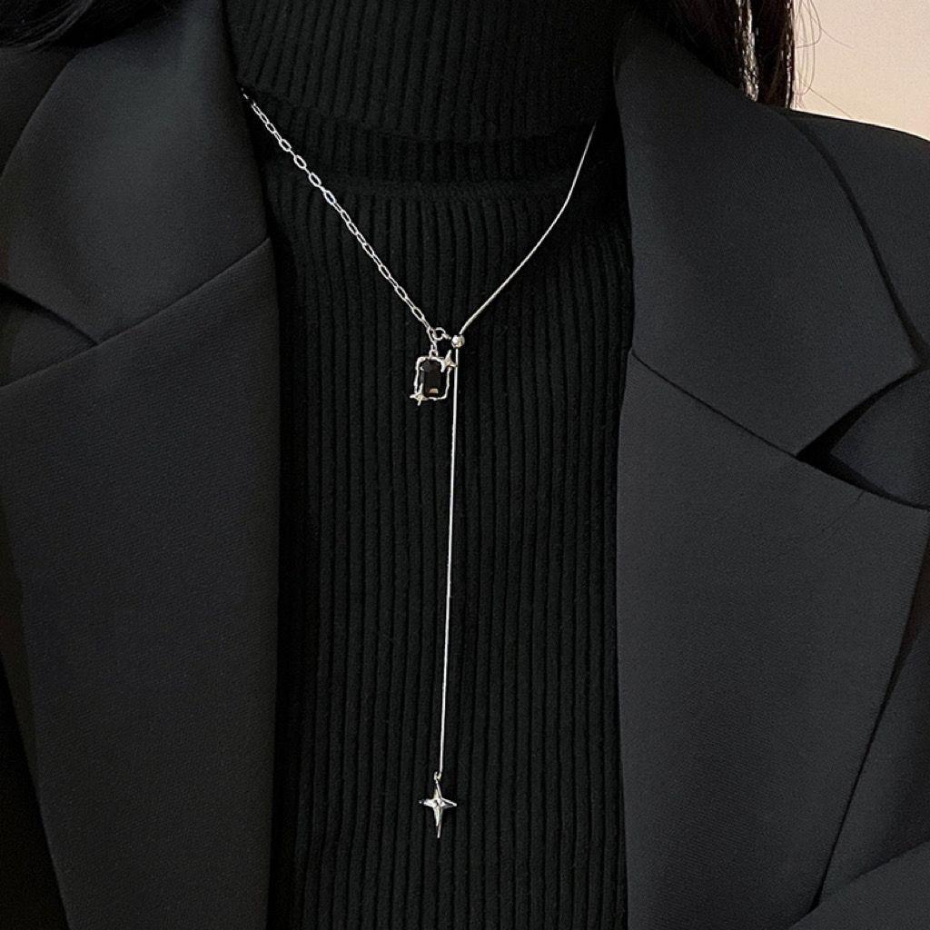 Four-star Zircon Cross Fringed Necklace Women's Niche Design Sweater Chain Spice Girl Sweet Cool Wind Sweater Chain