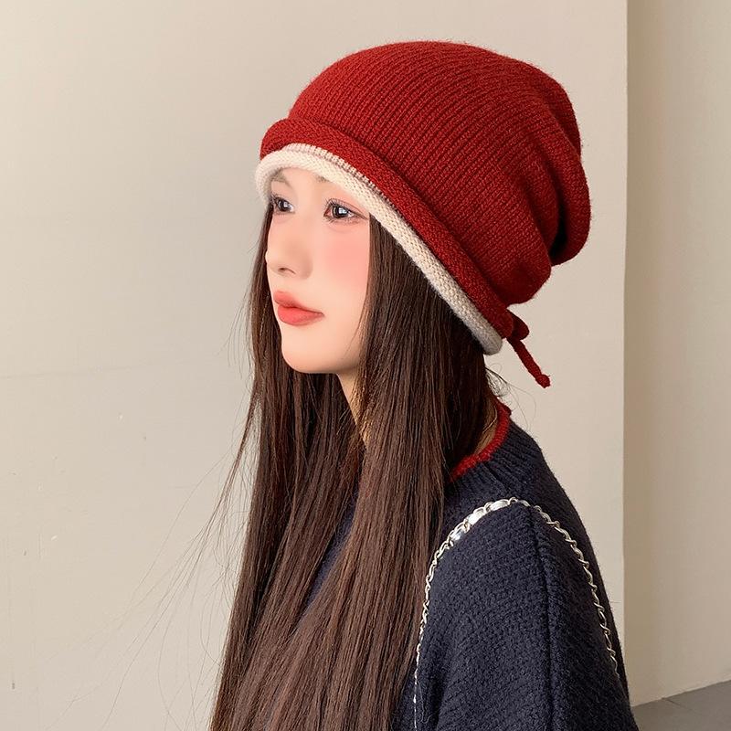 Japanese Drawstring Curled Knitted Hat Autumn and Winter Ear Protection Versatile Cold Hat Showing Face Small Woolen Hat