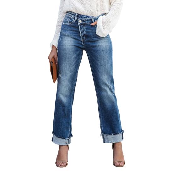 Dames Broek Knoop Ritsvlieg Recht Pijpontwerp Denim Broek met Zakken Pendelstijl Wassen Jeans