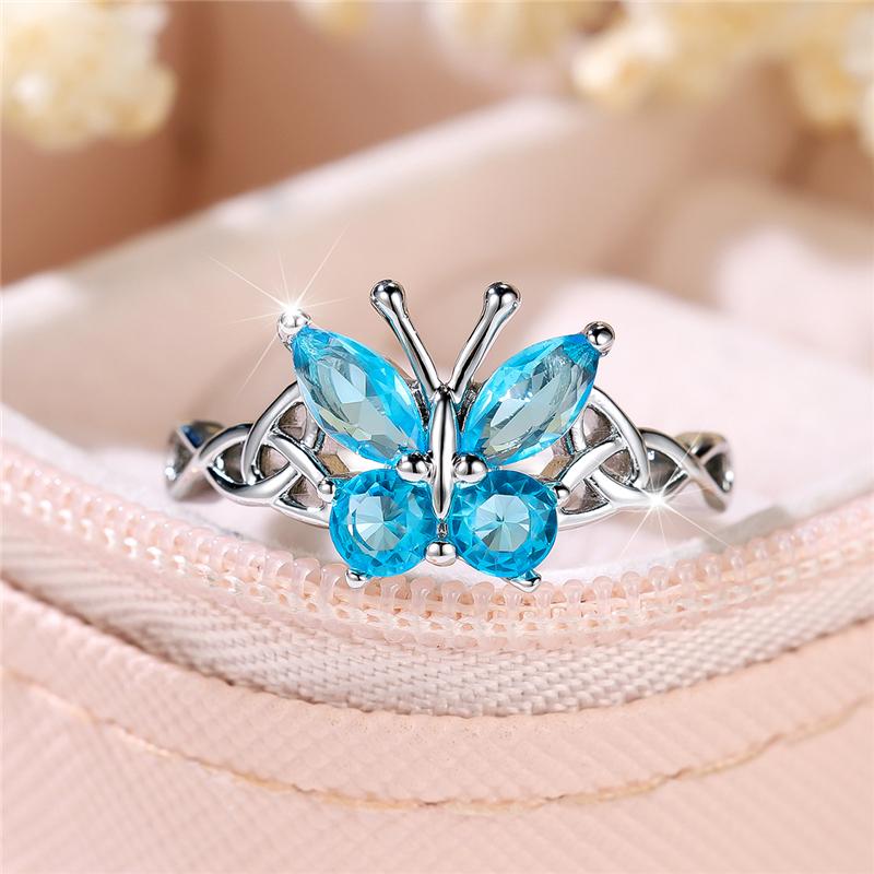Luxury Female Aqua Blue Zircon Stone Butterfly Engagement Ring Silver Color Wedding Jewelry For Women