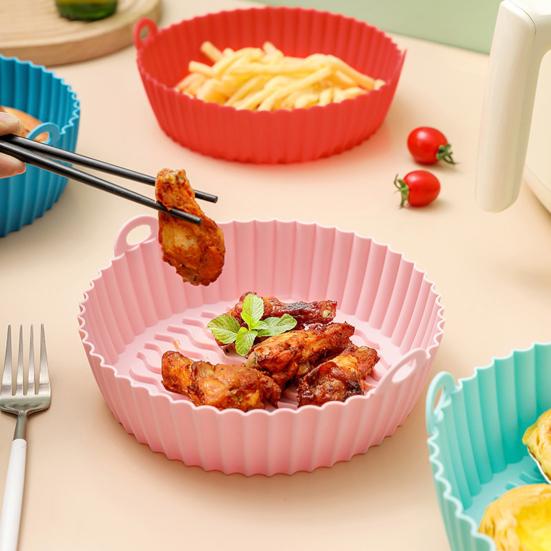 Silicone Air Fryer Liner with Handles Round Foldable Mats for Baking Frying Steaming Food-Grade Non-Stick Heat-Resistant Baking Tray