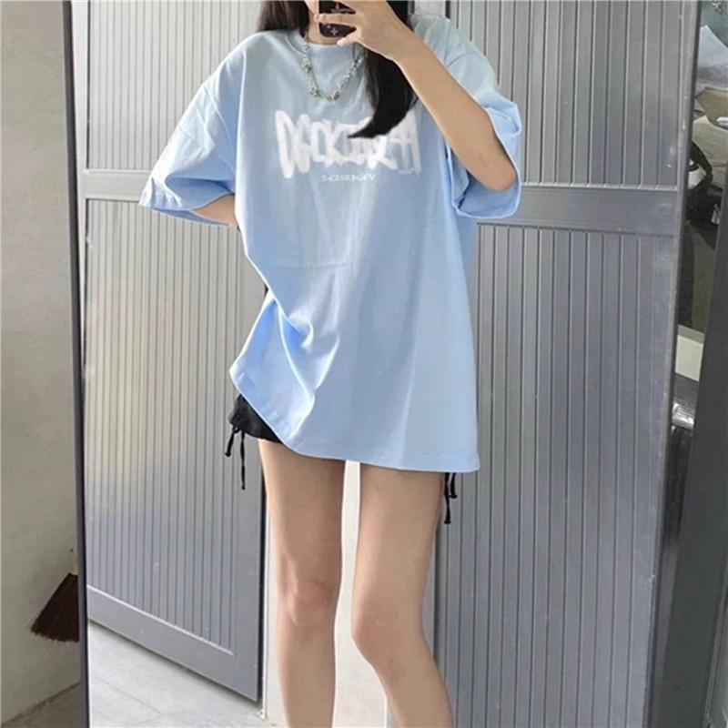 Koszulki z czystej bawełny Kobiety lato uroczy nadruk z kreskówki hip hop Streetwear casualowa koszulka Damska Harajuku Oversize Krótki Rękaw niebieski y2k Topy młoda dziewczyna