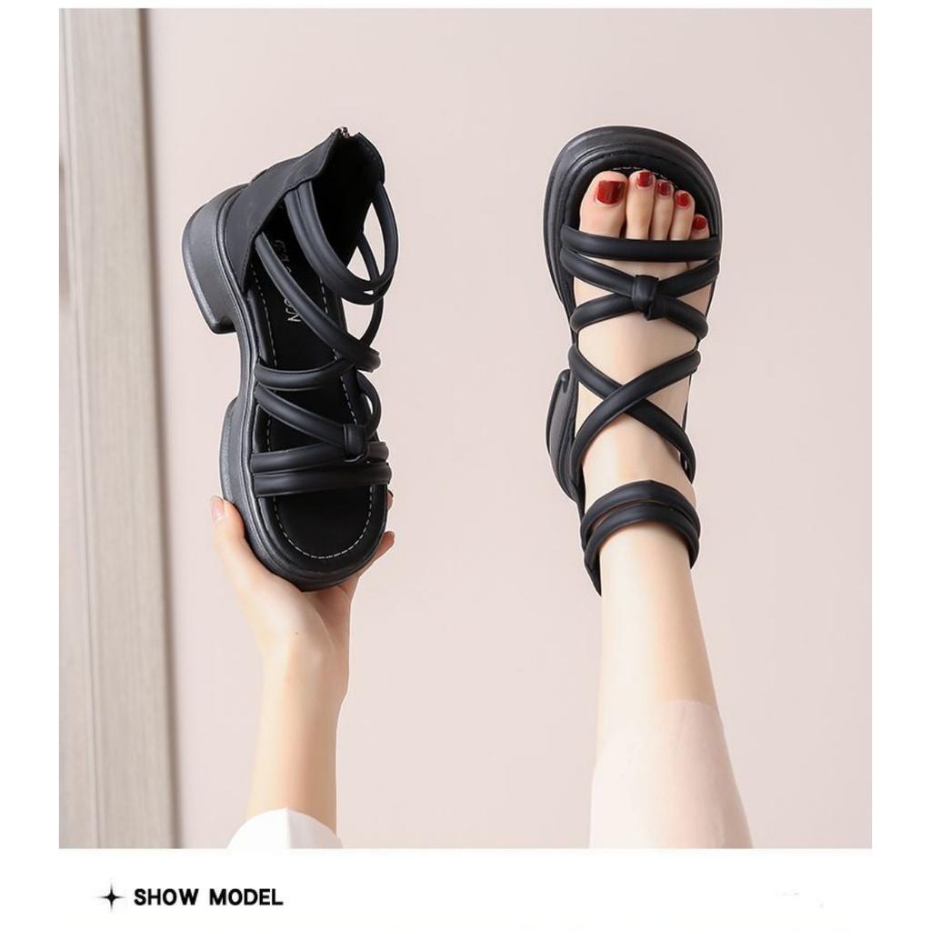 Ladies' Fashion Thick Bottom Sandals - Open Toe, Middle Heel, Lace Up Design, Adjustable Strap, Thick Bottom Sandals | Adjustable Strap Sandals