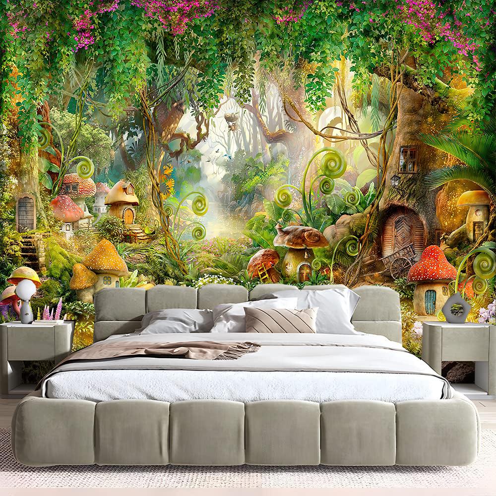 Fairy Tale Forest Tapestry Wall Hanging Fantasy Magic Garden Mushroom Aesthetic Kid Baby Bedroom Living Room Dorm Party Decor