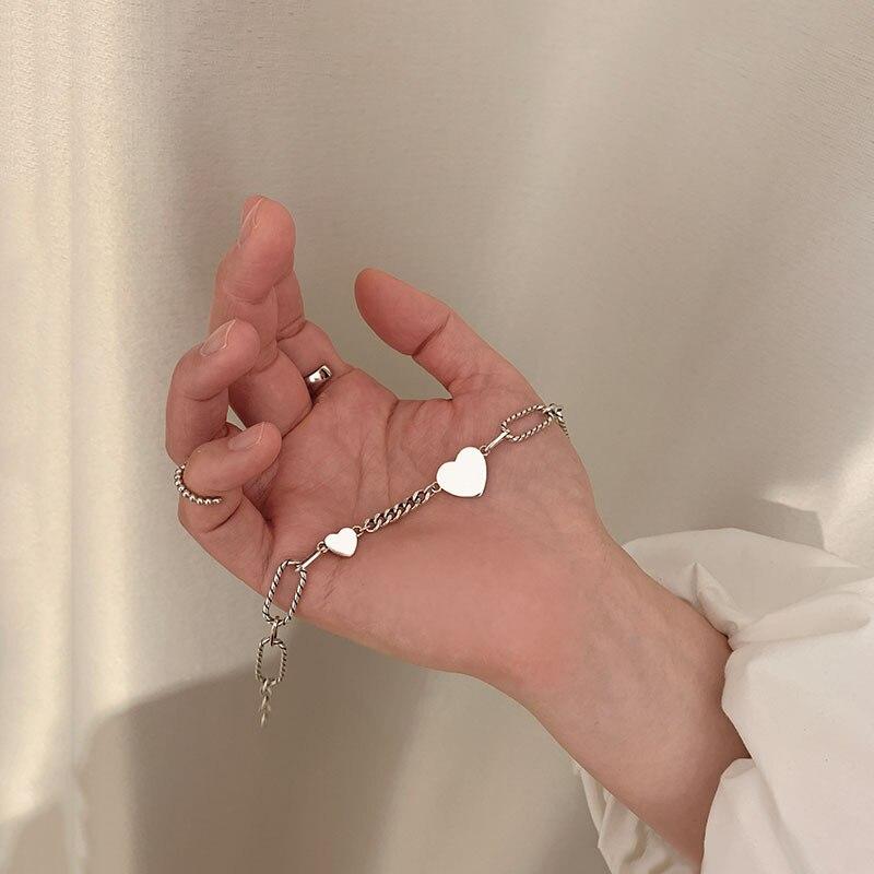 925 Sterling Silver Hiphop Chain Heart Charm Bracelet Bangle For Women Girls Party Wedding Punk Jewelry Accessories Sl058