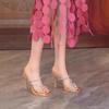 Hot Selling 2025 Design Style Hollow Out Crystal Diamond Narrow Band Women Slippers Fashion Square Toe Thin Heels Stripper Shoes