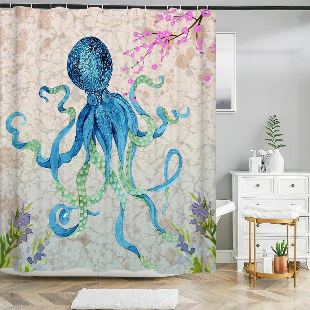 Octopus Seas Douchegordijnen Badgordijn 180*180cm Waterdicht Badkamer Woondecoratie Wasbaar Stoffen Badkamerscherm Met 12 Haken