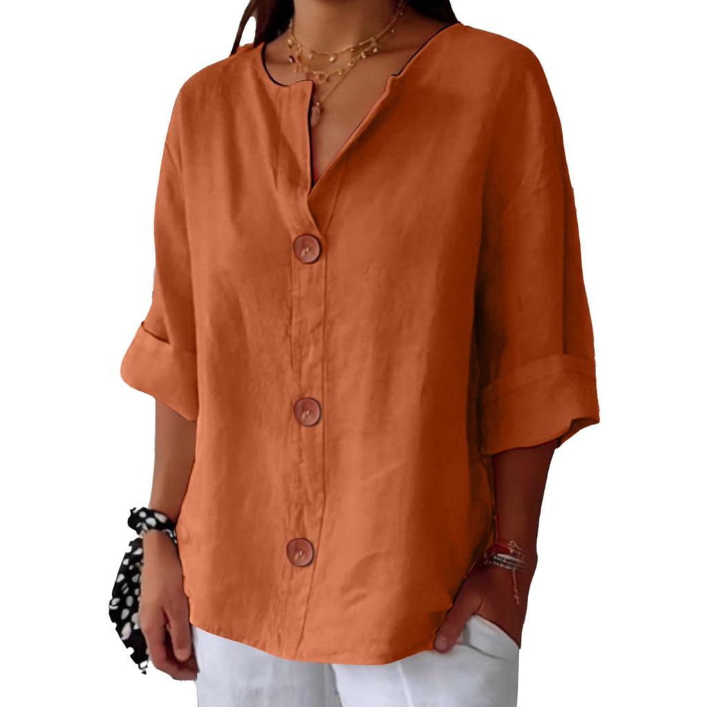 Spring and Summer Loose T-shirt Women's V-neck Cotton and Linen Button Up Top