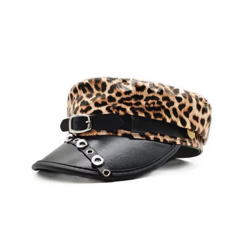 Harajuku Rivet Leopard Hat Punk Flat Top Cap Vintage Y2k Beret Hat for Girls
