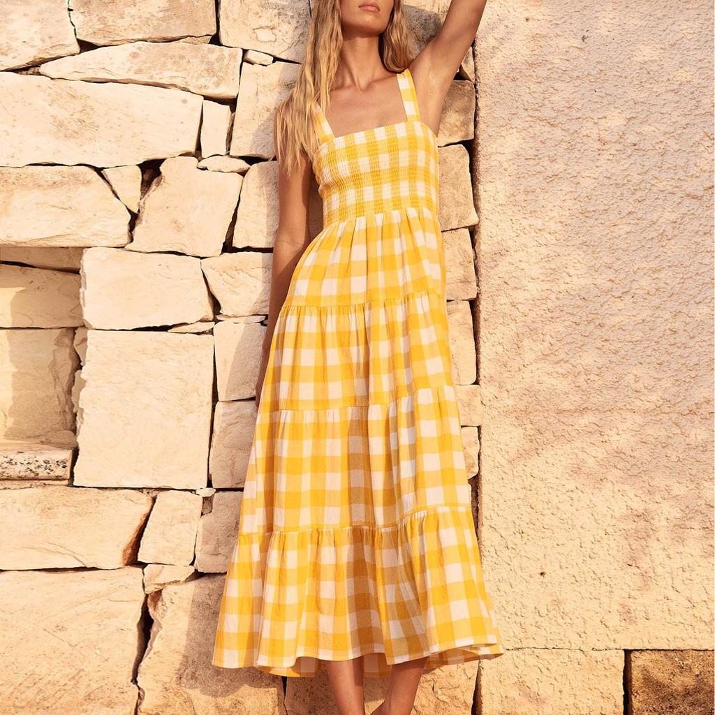 Women's Casual Midi Dress  Everyday Sleeveless Loose Boho Plaid Dress Summer Beach Sundress