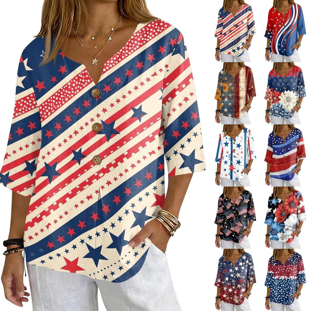 Women's V-Neck Button Three-Quarter Sleeve Casual Independence Day Print Pullover T-Shirt