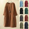 Modisches, lockeres Retro-Kleid aus Cord in Übergröße für Damen mit Rundhalsausschnitt und langen Ärmeln in Volltonfarbe